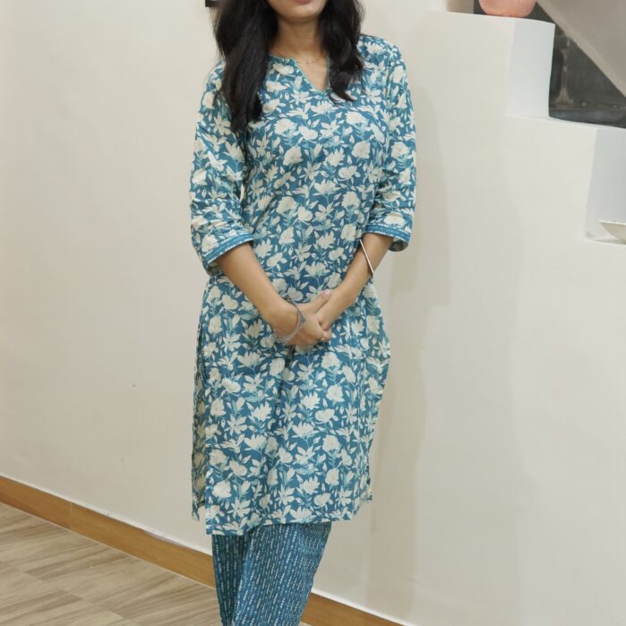 Blue Floral Cotton Kurta Set