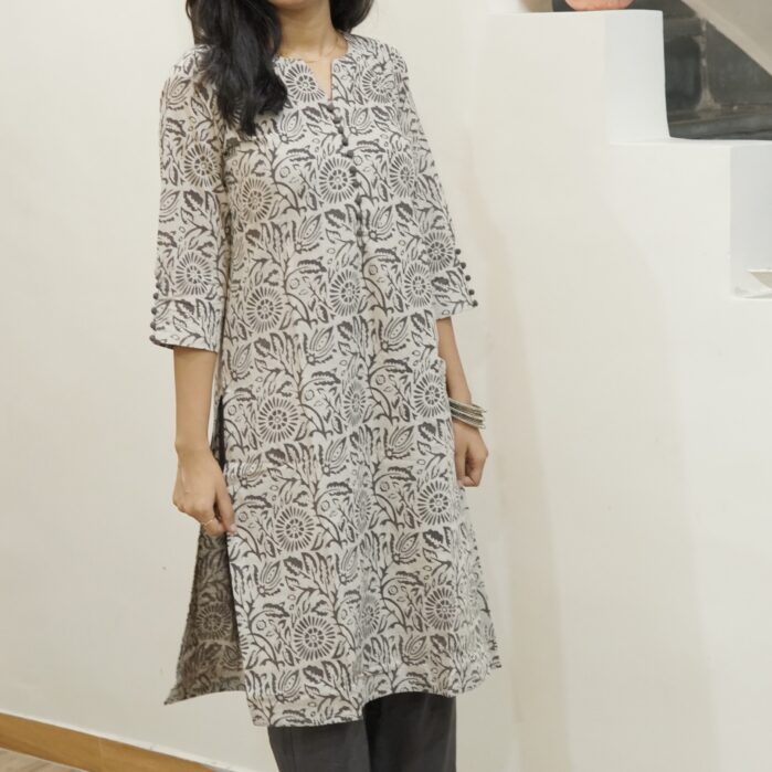 Noor Grey Floral Handblock print A-line Kurta Set