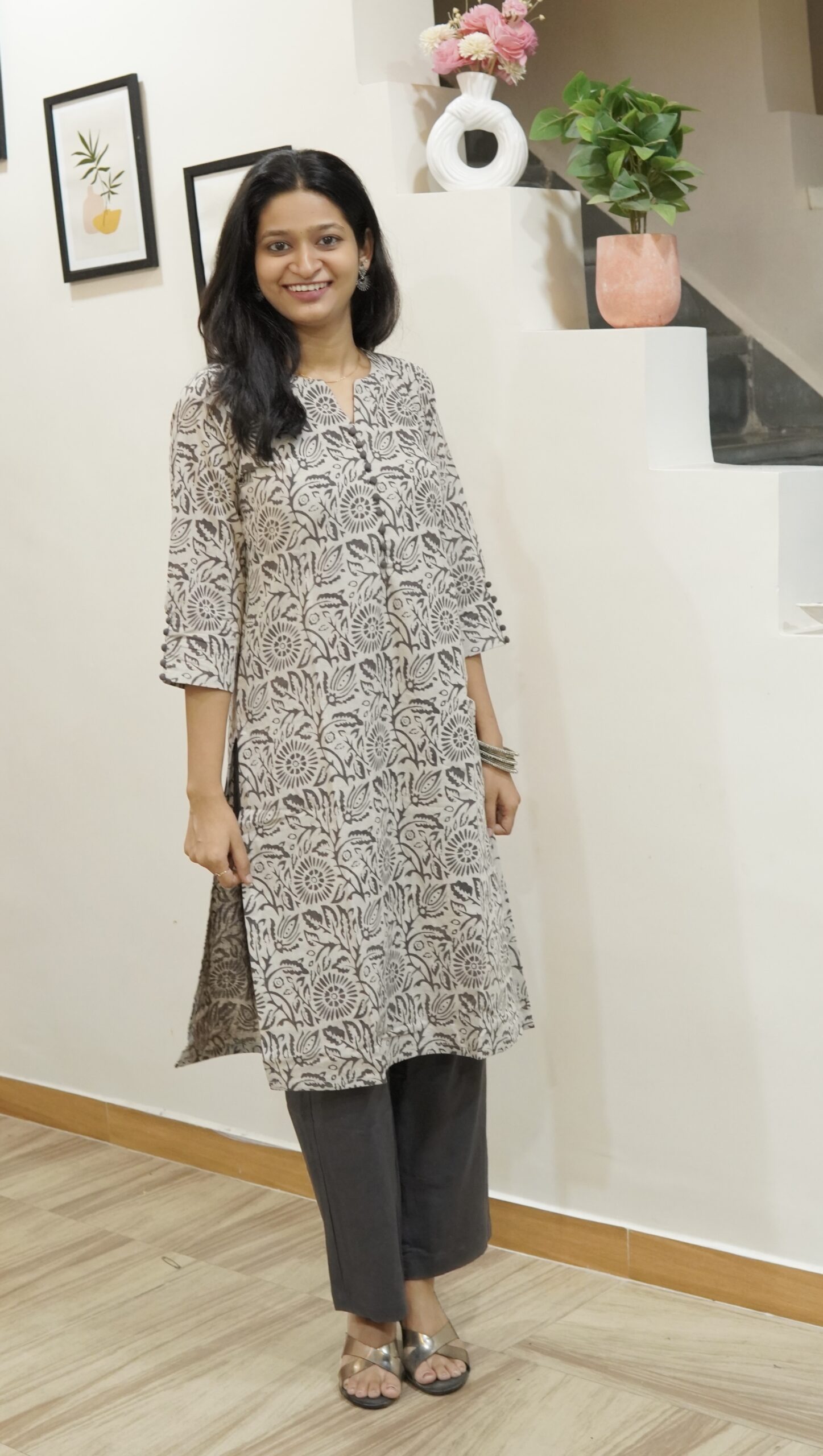 Noor Grey Floral Handblock print A-line Kurta Set