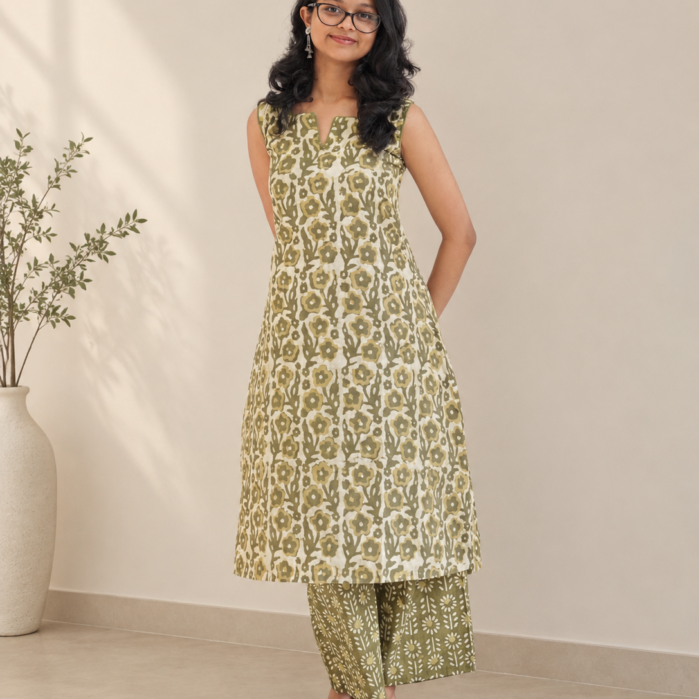 Olive green cotton bagru print kurti set