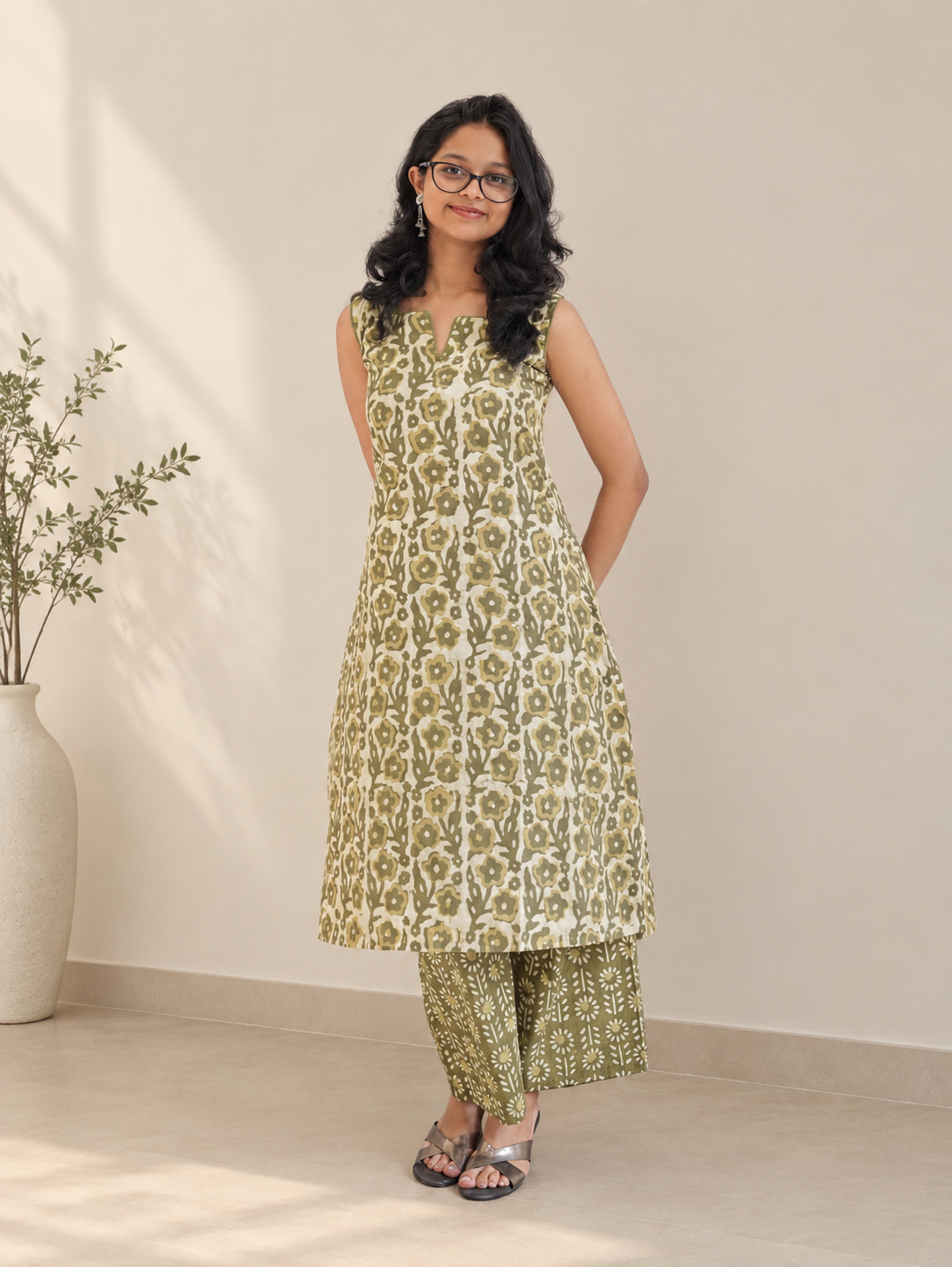 Olive green cotton bagru print kurti set
