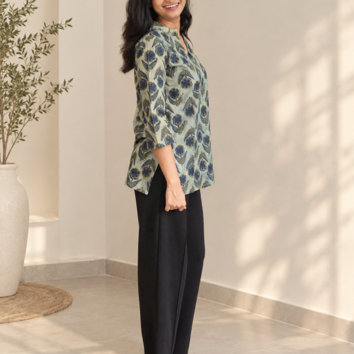 Sage-blue base vansapti cotton short kurti