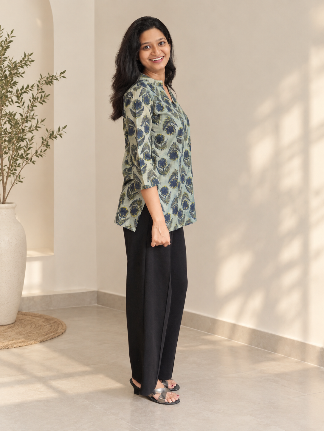 Sage-blue base vansapti cotton short kurti