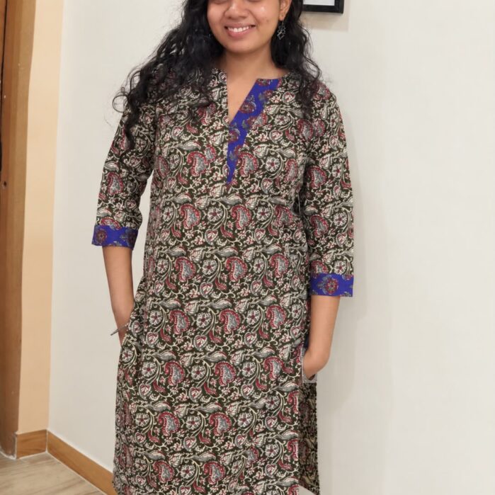 Mehndi cotton sleeved A-line long kurti kalamkari print tunic